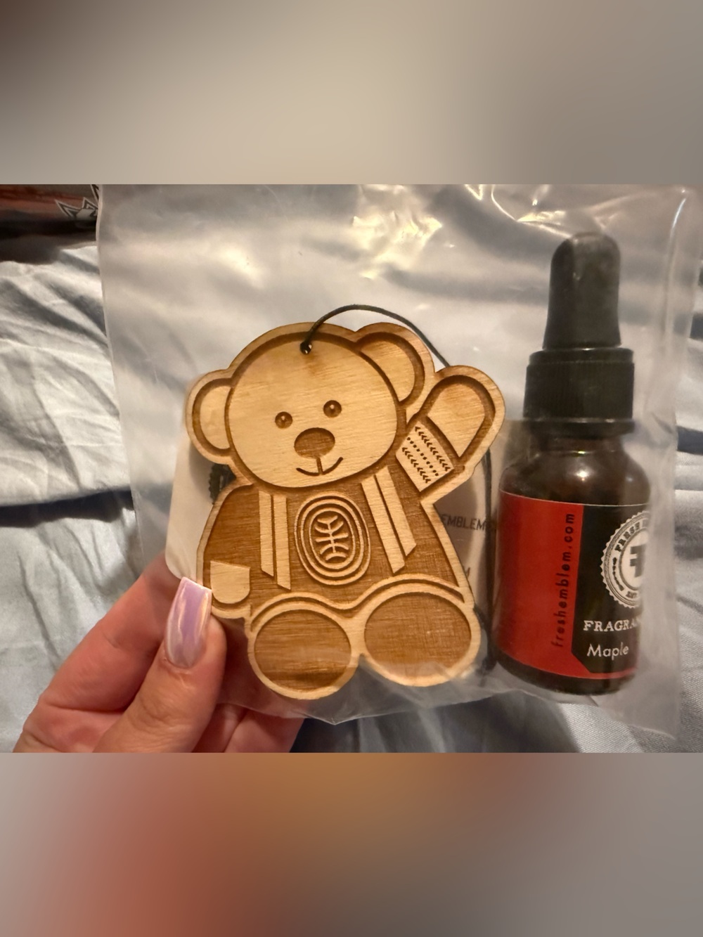 Wooden Teddy Bear Air Freshener with Maple Fragrance Oil - Natural Wood